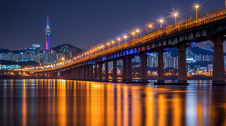 A stunning nighttime cityscape showcasing a brilliantly lit bridge and tower against a vibrant skyline, reflecting beautifully in the water below.の素材
