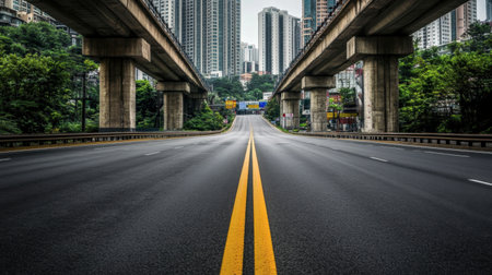 A dramatic perspective of an empty urban roadway beneath elevated train tracks, showcasing modern architecture and a serene cityscape. Ideal for travel themes.の素材