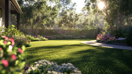 A serene garden scene bathed in soft morning light, showcasing vibrant flowers and lush greenery, perfect for relaxation and enjoying nature's beauty.の素材