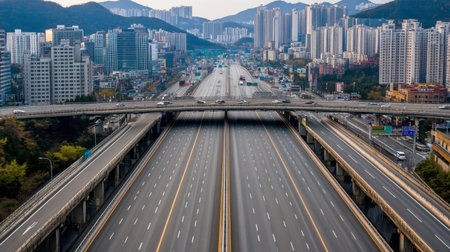 Aerial view of an urban highway flanked by tall buildings and distant mountains, showcasing a modern cityscape with an empty road and clear skies.の素材