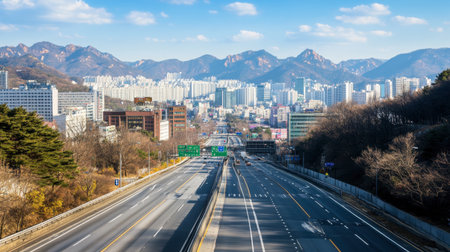 A breathtaking view of an empty urban highway surrounded by mountains under a clear blue sky. This scene captures the essence of city life intermingled with nature.の素材