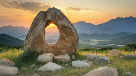 A stunning sunset framed by a unique stone arch creates a breathtaking view over mountains and valleys, offering a moment of peace and tranquility in nature.の素材