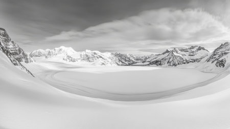 Captivating black and white winter landscape showcasing stunning snow-covered mountains and a vast glacier, perfect for nature enthusiasts and photographers.の素材