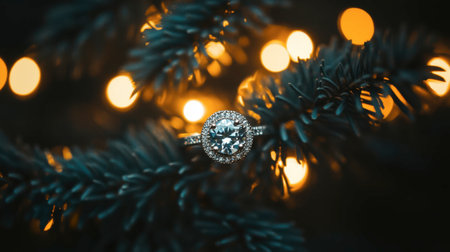 A stunning closeup of a sparkling ring nestled in an evergreen branch, illuminated by soft holiday lights, creating a magical and romantic atmosphere.の素材