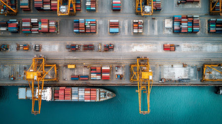 Discover an aerial view of a cargo ship docked at a busy shipping terminal, showcasing containers arranged neatly, emphasizing maritime logistics and transport efficiency.の素材