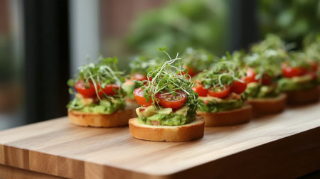Delight in this vibrant avocado toast topped with cherry tomatoes and sprouts. Perfect for a healthy snack or appetizer, ideal for gatherings.の素材
