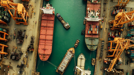A stunning aerial view of cargo ships at a busy container port. The image showcases various vessels surrounded by cranes and colorful containers, highlighting maritime logistics and trade activity.の素材