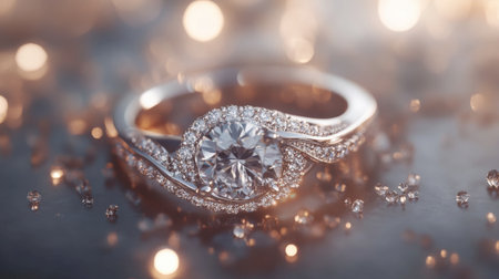 A beautifully crafted diamond engagement ring surrounded by soft lights, perfect for capturing the essence of romance and luxury in your imagery.の素材