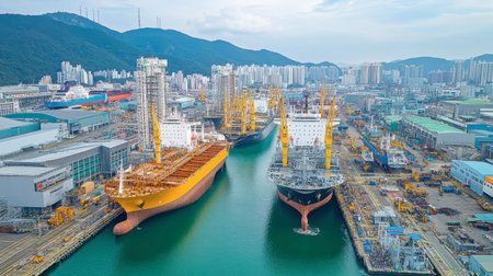 This aerial image showcases a bustling shipyard with large vessels undergoing construction and maintenance in a coastal industrial area.の素材