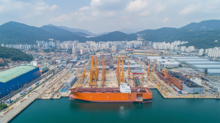 A stunning aerial view of a bustling industrial port featuring cranes, ships, and a vibrant urban skyline against a mountainous backdrop.の素材