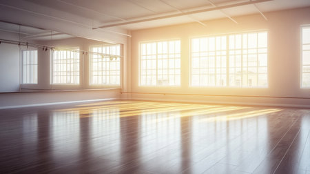 A bright and spacious dance studio featuring large windows that allow sunlight to illuminate the wooden floor, creating a serene and inspiring environment for movement and creativity.の素材