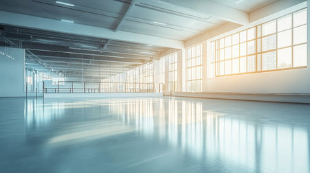 A bright and spacious industrial interior featuring large windows that allow natural light to illuminate the polished flooring, creating a modern and minimalistic atmosphere.の素材