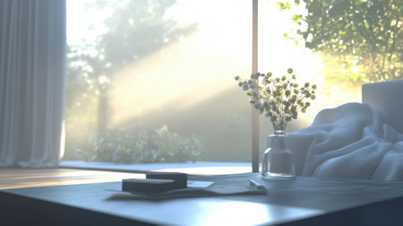 A serene interior scene featuring warm sunlight streaming through sheer drapes, casting gentle shadows on a wooden table adorned with a glass vase of flowers.の素材