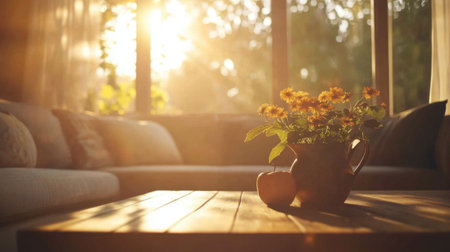 A cozy living room scene bathed in warm sunlight, featuring a vase of fresh flowers on a wooden table. The inviting atmosphere is perfect for relaxation.の素材