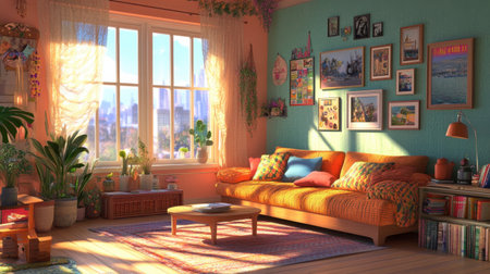 A cozy living room filled with vibrant decor, natural sunlight, and lush plants. Ideal for showcasing relaxation, comfort, and stylish interior design.の素材