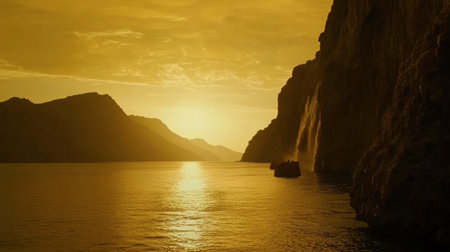 A breathtaking sunset over a tranquil mountain lake, with golden light reflecting on the water. Perfect for evoking peace and serenity in nature-themed projects.の素材