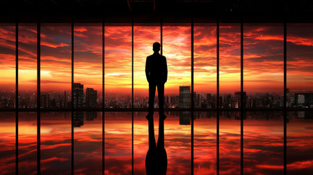 A silhouette of a businessman stands against a breathtaking sunset view, reflecting ambition and tranquility in a modern urban office setting.の素材