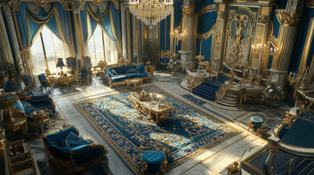 Step into a luxurious interior featuring rich blue and gold decor. This opulent room showcases elegant furniture, intricate details, and a grand chandelier, creating an inviting atmosphere of sophistication and comfort.の素材