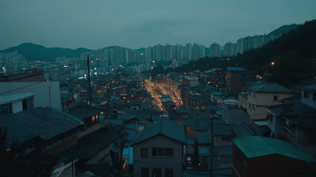 A tranquil urban landscape at dusk showcasing the blend of city lights and hillside view, highlighting the contrast between modernity and nature.の素材