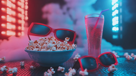 A vibrant setup featuring popcorn, a refreshing drink, and sunglasses, perfect for an evening of cinematic fun and enjoyment with friends.の素材