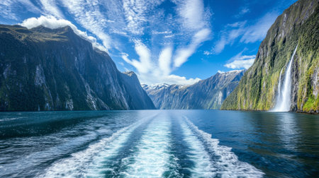 A stunning view of a fiord lined with majestic mountains and a vibrant waterfall, reflecting in the tranquil waters under a beautiful blue sky.の素材