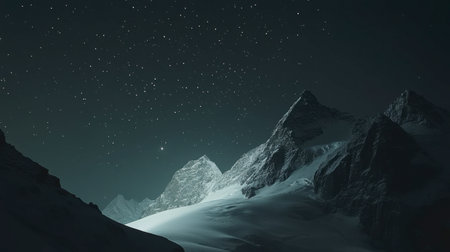 Breathtaking view of snowy mountains under a starry night sky, showcasing nature's beauty and tranquility, perfect for winter adventure themes.の素材