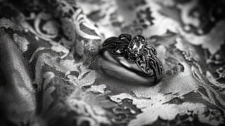 An elegant black ring rests atop a delicate lace background, creating a striking contrast in this artistic close-up shot. Perfect for bridal or jewelry-themed projects.の素材