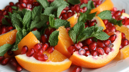 A vibrant and healthy fruit salad featuring fresh oranges and pomegranates, garnished with mint leaves for a refreshing touch. Perfect for any gathering!の素材