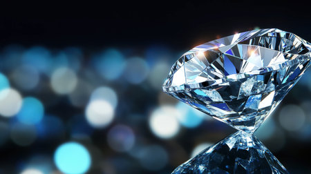 A stunning close-up view of a sparkling diamond highlighting its brilliance and clarity. This elegant image showcases light reflections and vibrant bokeh for a luxurious appeal.の素材