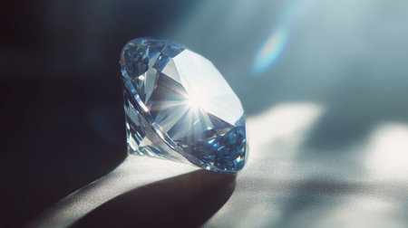 A stunning close-up of a sparkling gemstone with light reflecting off its facets, creating a mesmerizing display of clarity and elegance on a soft surface.の素材