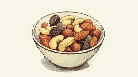 Hand-drawn illustration of a bowl filled with a colorful mix of nuts and dried fruits. Perfect for promoting healthy snack options and dietary choices.の素材
