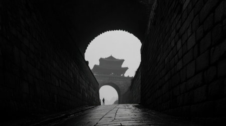 A solitary figure walks through a foggy alley, framed by ancient architecture. The ethereal atmosphere captures a blend of mystery and history.の素材