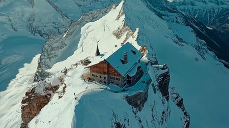 Experience the breathtaking beauty of a snow-covered lodge high in the mountains, surrounded by stunning peaks and tranquil winter landscapes.の素材