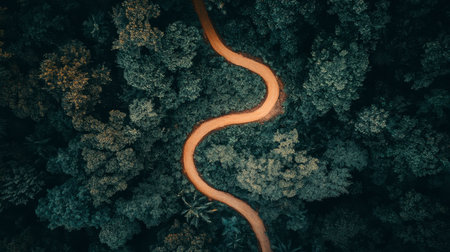 This aerial view captures a winding path through a lush green forest. The serene landscape invites travelers to explore nature's beauty and tranquility.の素材
