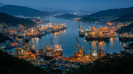 A stunning night view of a bustling industrial port with illuminated boats and cranes, showcasing the integration of nature and urban development.の素材