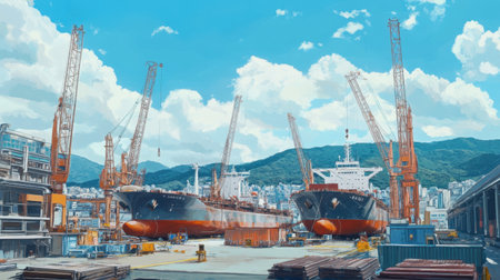 A vibrant industrial harbor scene featuring two large ships docked amidst cranes and a backdrop of mountains, capturing the essence of maritime activity.の素材