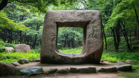 A unique stone sculpture framed by vibrant greenery stands peacefully in a tranquil park, inviting nature lovers and explorers to appreciate its beauty.の素材