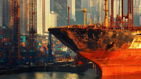 A large ship is docked in a bustling urban harbor, surrounded by towering skyscrapers and colorful cargo containers during a stunning sunset.の素材