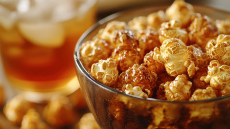 A close-up of delicious caramel popcorn in a bowl, perfect for movie nights or casual snacks. Enjoy with a refreshing beverage for a tasty treat.の素材