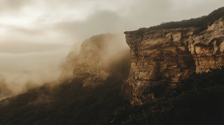 A serene view of misty cliffs under a cloudy sky during dawn, showcasing the beauty of nature's landscapes. The soft fog envelops the rocky formations, creating a tranquil atmosphere.の素材