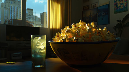 A warm and inviting scene of a big bowl of popcorn accompanied by a refreshing drink with ice, perfect for a cozy movie night at home.の素材