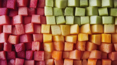 A vibrant arrangement of fresh fruit cubes showcasing a rainbow of colors. Perfect for healthy snacks, summer recipes, or food photography.の素材