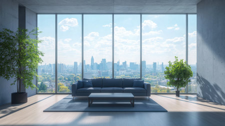 A stylish living room featuring modern furniture and large windows that showcase a breathtaking urban skyline, providing an inviting and tranquil atmosphere.の素材