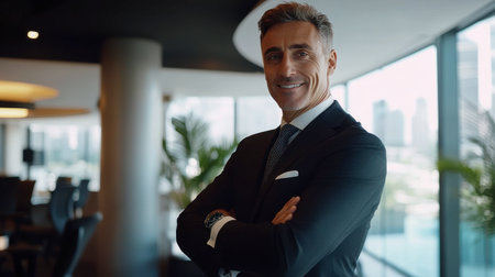 A confident businessman poses in a modern office space, showcasing professionalism and success against a backdrop of city skyline. Perfect for corporate themes.の素材