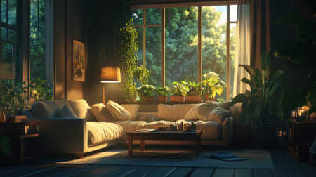 A cozy living room bathed in soft sunlight, featuring lush greenery and warm decor, perfect for relaxation and creating a tranquil atmosphere.の素材