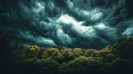 A stunning view of dark, dramatic clouds hanging over a vibrant green forest. This atmospheric scene captures the beauty of nature before a storm, offering a serene yet mysterious ambiance.の素材