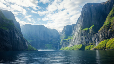 A breathtaking view of towering cliffs and clear waters, showcasing the beauty of nature. Perfect for travel and landscape enthusiasts seeking serenity.の素材