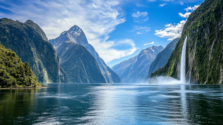 Experience the breathtaking beauty of a serene landscape featuring a stunning waterfall nestled among majestic mountains, reflecting in tranquil waters.の素材