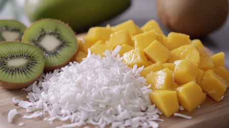 A vibrant arrangement of fresh kiwi, mango cubes, and shredded coconut on a wooden board, perfect for tropical dishes or healthy snacks.の素材