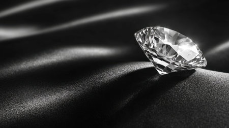 A stunning diamond rests gracefully on a smooth black silk surface, showcasing its brilliant sparkle and elegant design, perfect for luxury themes.の素材